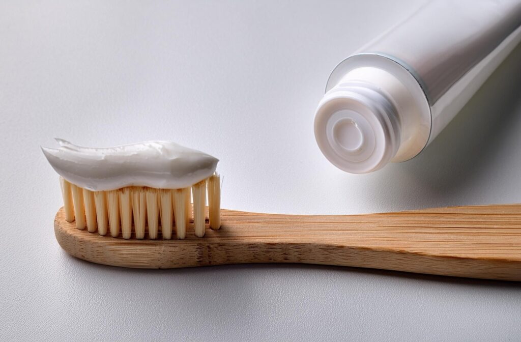 A squeeze of tooth sensitive toothpaste on a soft-bristled toothbrush. A tube of toothpaste is in the background.