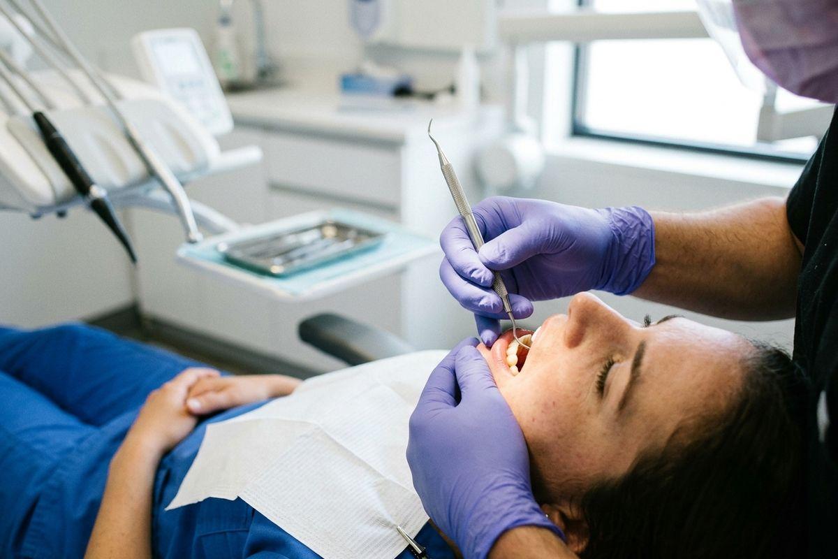 Dentist in purple gloves examining the teeth of a reclining patient with a dental probe in a clinic.