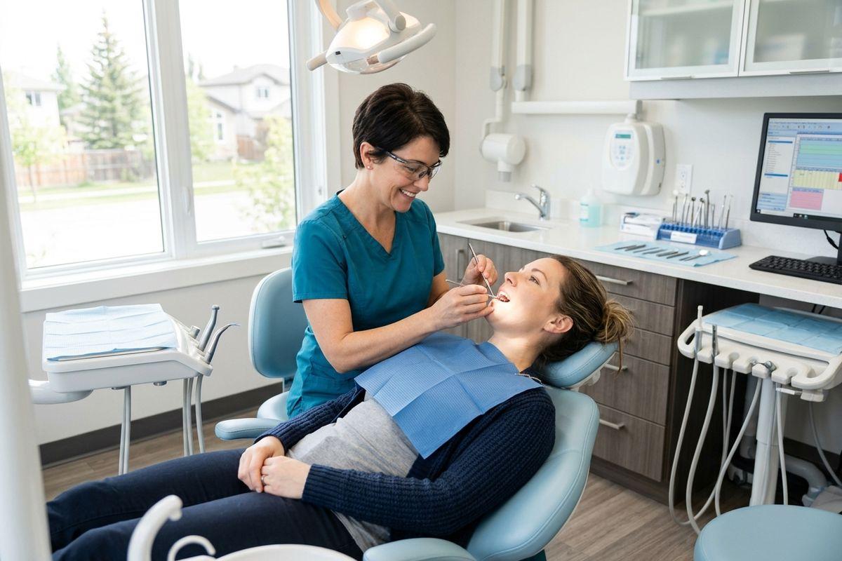Smiling dentist examines the teeth of a patient reclining in a dental chair in a bright clinic.