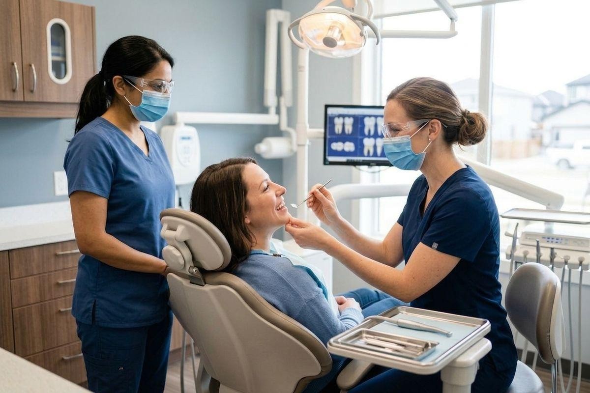 Dentist examines a smiling patient in a dental chair while an assistant looks on in a clinic.
