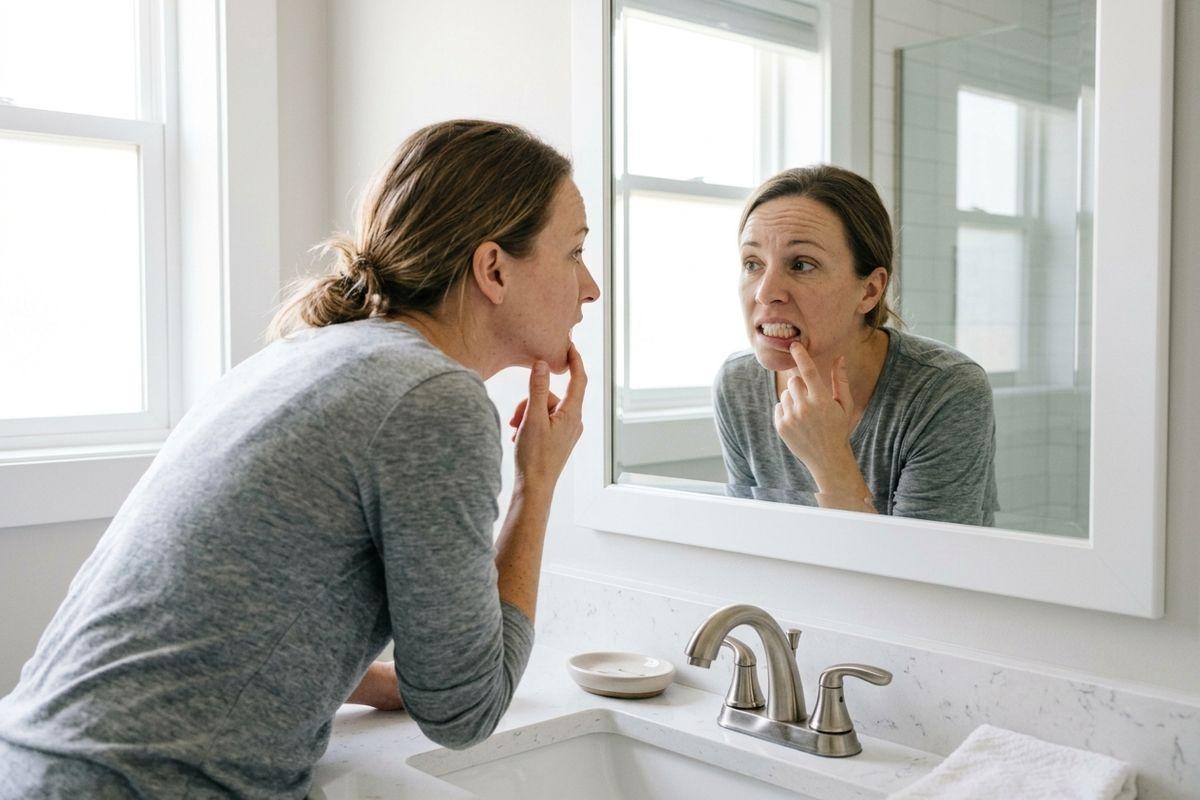 Person leaning over a bathroom sink, examining their teeth and gums in the mirror.